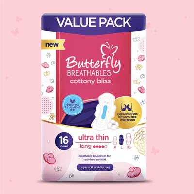 Butterfly Breathables Ultra-Thin Cottony Sanitary Pads Long Value Pack 16 Pcs
